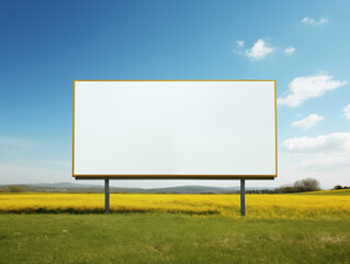 blank white billboard on countryside road with fields and grass background with cloudy sky 