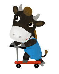 cartoon scene with farm cow bull buffalo boy child riding on scooter transportation illustration for children