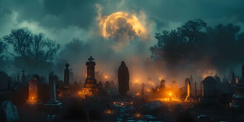 Spooky cemetery at night with full moon tombstones and eerie atmosphere perfect for Halloween. Concept Halloween, Spooky, Cemetery, Full Moon, Eerie Atmosphere