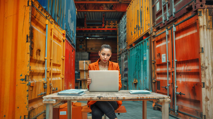 businesswoman working in a container, low budget, startup