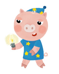 cartoon scene with farm pig boy child standing smiling and looking very sleepy with lamp illustration for children