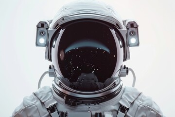 This image captures the front view of an astronaut's helmet with visible stars and space reflections, symbolizing human spaceflight - obrazy, fototapety, plakaty