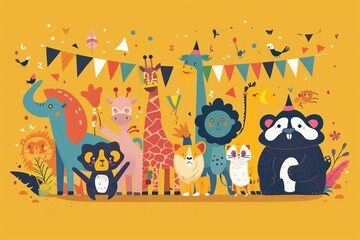 A mischievous menagerie throws a sophisticated soirée! This flat illustration depicts zoo animals at a joyful rave party, bursting with vibrant colors and playful details