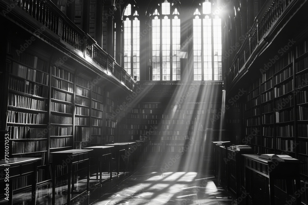 Poster Serene scene featuring sunbeams shining through tall windows in an empty monochrome library with rows of books