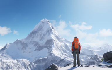 Man hiker waering yellow jacket on top of the mountain back, looking at the snow slope. Concept motivation and goal achievement