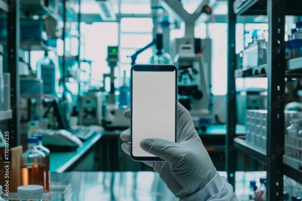 Poster close-up of a white gloved hand displaying a smartphone with a blank screen amidst lab equipment and