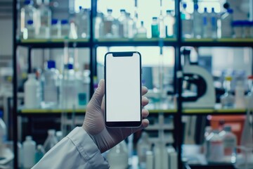 Scientist wearing glove holds phone with blank screen in a lab surrounded by glassware and bottles