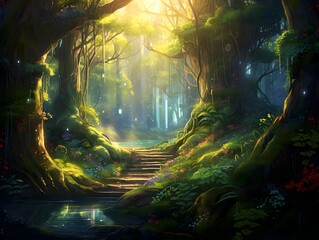 Mysterious forest at dawn. Fantasy landscape. Digital painting.