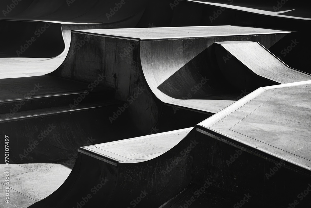 Poster an artistic take of a modern skatepark focusing on the abstract shapes and the play of light in mono