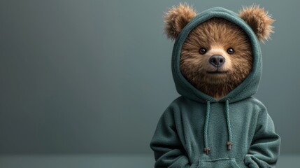 Animated modern illustration of a cute bear doll in a green hoodie holding a trouble maker slogan - obrazy, fototapety, plakaty