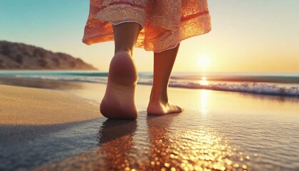 Closeup of woman's feet on sandy beach at sunset, evoking travel, relaxation, and summer vibes  - obrazy, fototapety, plakaty