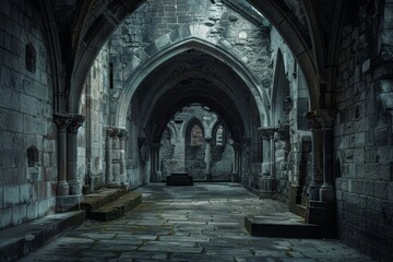 The haunting image of a decaying stone abbey ruin with gothic arches creates an atmosphere of mystery and history