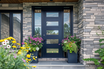 Fototapeta na wymiar Modern Dark Blue Exterior Door With 5 Glass Panels and Sidelights