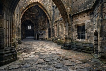 Fototapeta premium An intricate stone archway leads visitors through a historic abbey, invoking a feel of timelessness and reverence