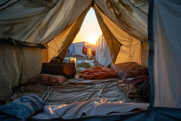 Warm sunrise seen from inside a cozy tent with bedding and a vintage suitcase, depicting a peaceful morning