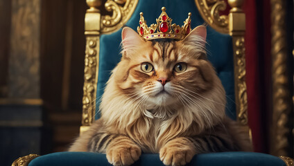 Beautiful cat in a crown on a throne
