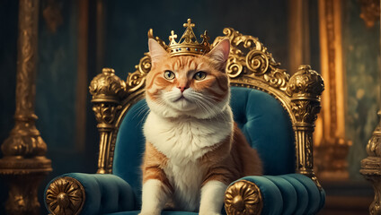 Beautiful cat in a crown on a throne aristocratic