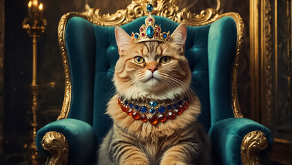 pretty  cat in a crown on a throne