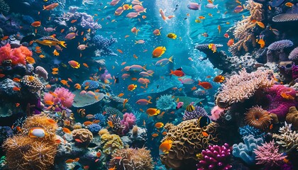 Vibrant coral reef teeming with diverse marine life and colorful fish swimming in blue water