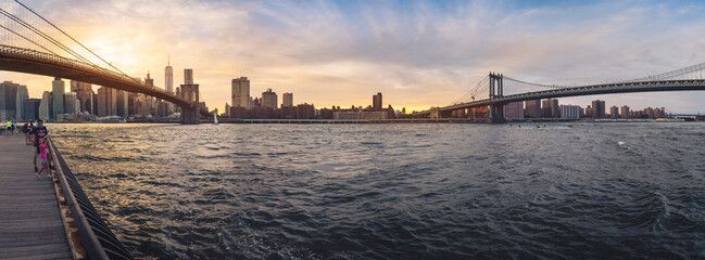 Two Bridges: Brooklyn Bridge and Manhattan Bridge over East River in downtown Manhattan