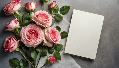 Blank invitation or greeting card mockup with fresh roses flowers, flat lay with copy space 