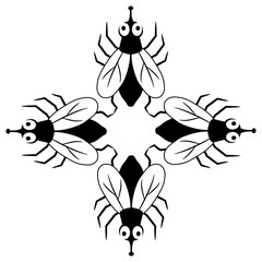 Square cross shape animal design with four stylized flies. Black and white silhouette.