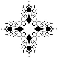 Square cross shape animal design with four stylized flies. Black and white silhouette.