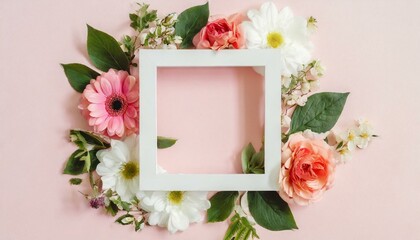 Trendy layout of white square frame on top of flowers on pastel background