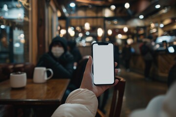 A smartphone with a clear screen is being held up in front of a blurred café scene Faces are blurred for privacy