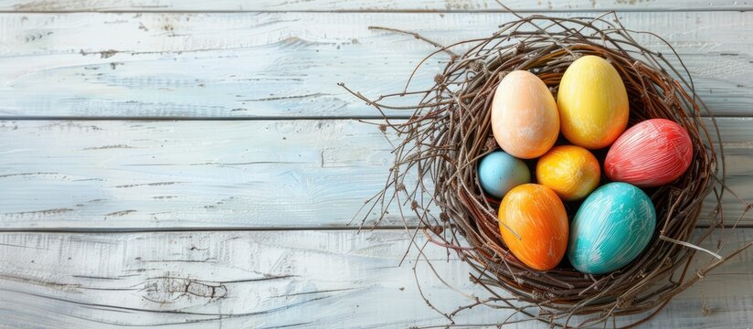 Easter-themed backdrop featuring vibrant eggs in a nest on a white wooden surface. Overhead perspective with room for text.
