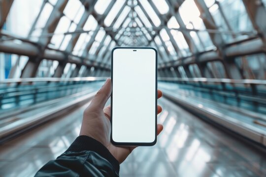 A person's hand is shown holding a smartphone with a blank screen, against the backdrop of a futuristic bridge walkway