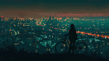 A woman's silhouette standing beside a bicycle on a hill, overlooking a cityscape illuminated at dusk. Black background color.