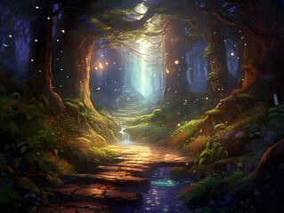 Fantasy landscape with a dark forest and a path in the middle.