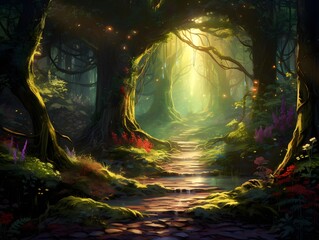 Digital painting of a path in a fantasy forest illuminated by the sun