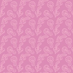 Cartoon autumn harvest seamless Halloween mushrooms with skulls pattern for wrapping paper and fabrics