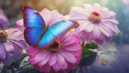 Beautiful blue butterfly Morpho on pink-violet flowers in spring in nature close-up macro.