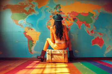 young traveling woman sits on a suitcase and looks at a map