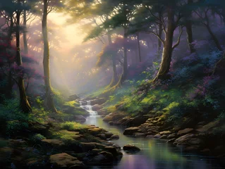 Outdoor kussens Digital painting of a river flowing through a misty forest at sunset © Iman