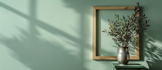 Wooden picture frame mockup with olive tree branches in a silver jug vase against a mint green wall background,