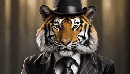 Portrait of a tiger spy wearing a dark suit and black fedora - obrazy, fototapety, plakaty
