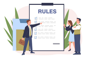 People with rules simple. Men and woman near notepad with tasks. Company corporate people with tasks. Ethical business. Doodle flat vector illustration isolated on white background