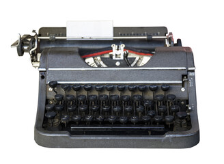 Retro rusty typewriter with paper sheet isolated on white background