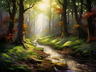 Beautiful autumn landscape with forest and river. Digital art painting.