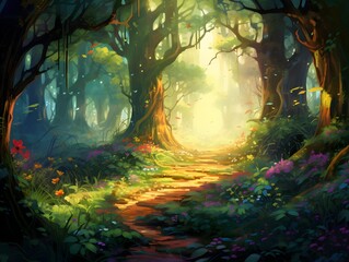 Digital painting of a path in a forest with trees and leaves.