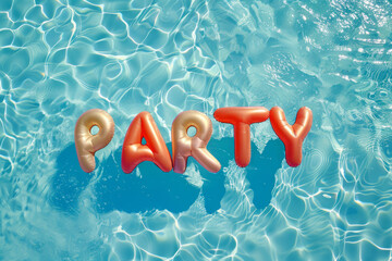 Summer pool party. Overhead view of a swimming pool with the word PARTY written in pool floats