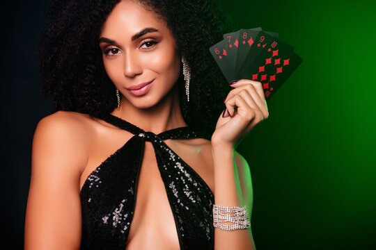 Photo of chic sly lady professional poker player shark bluff luck fortune combination on luxurious private party
