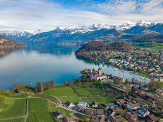 Aerial image of the medieaval castle Spiez on the Thun Lake, Switzerland