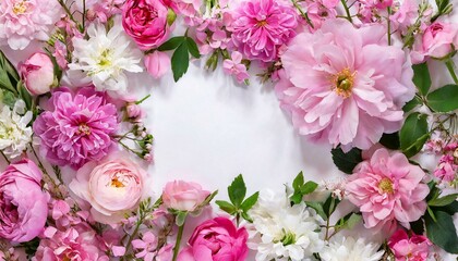 Many different pink flower mix frame floral background with white blank clear copy space.