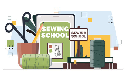 Sewing school concept. Threads and needles. Manufactory and production of clothes. Studio and workplace for seamstress and tailor. Cartoon flat vector illustration isolated on white background - obrazy, fototapety, plakaty