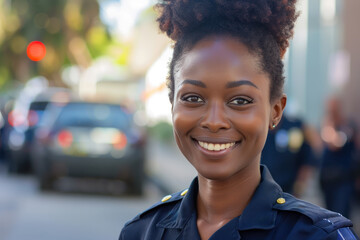 Afro woman wearing police officer uniform, patrol car background - obrazy, fototapety, plakaty